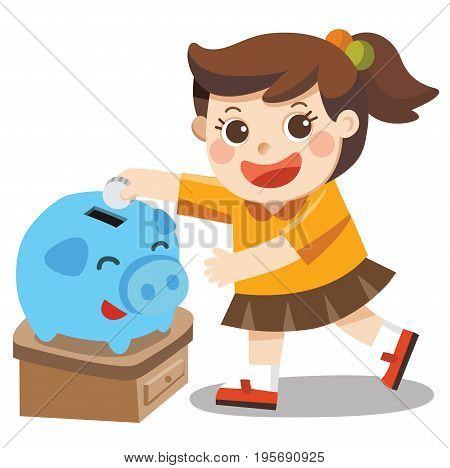 A Little girl happy to saving money in blue piggy bank. Isolated vector