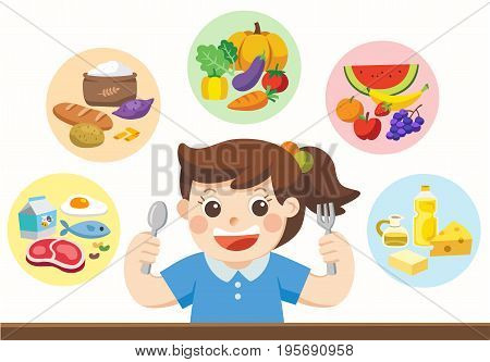 Isolated vector. A cute girl with The five food group. Let's get something to eat!