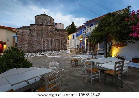 ALONISSOS, GREECE - JUNE 17, 2017: View of the Chora village on Alonissos island in Sporades archipelago in Greece on June 17, 2017.