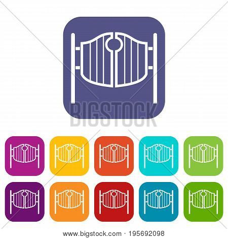 Vintage western swinging saloon doors icons set vector illustration in flat style In colors red, blue, green and other