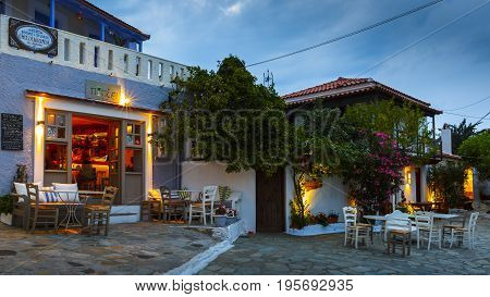 ALONISSOS, GREECE - JUNE 17, 2017: View of the Chora village on Alonissos island in Sporades archipelago in Greece on June 17, 2017.