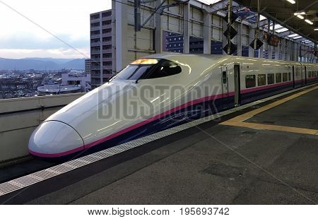 FUKUSHIMA JAPAN - APRIL 21 2017: High-speed train is at the platform of the railway station of Fukushima