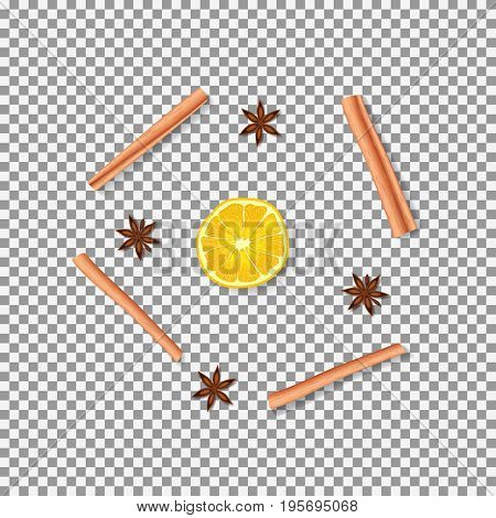 Seasonings isolated on transparent backdrop. Top view on realistic cinnamon sticks, anisetree and orange. Vector illustration.