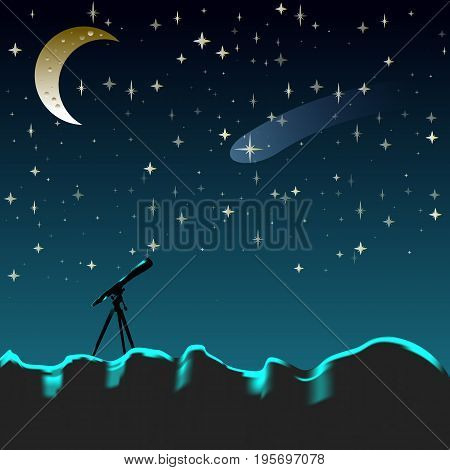 Night sky with moon and stars. Look in the telescope