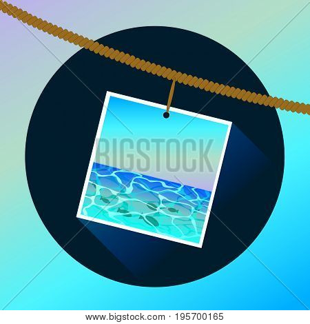 Vector holidays design icon. Sea view from the beach. Memories about holiday. Printed photo hanging on a rope