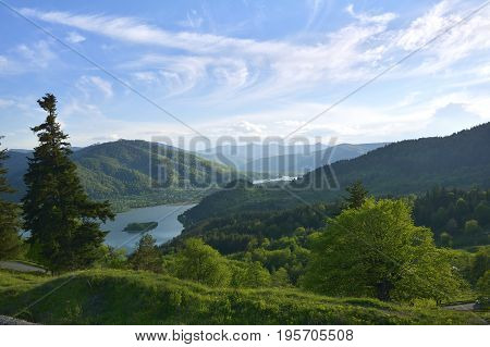 Summer Landscape With Green Field, Lake And Blue Sky. Neamt, Roamania