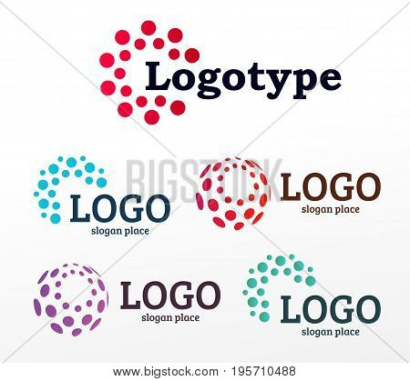 Abstract dotted vector logos template set. Miscellaneous universal isolated unusual logotype collection