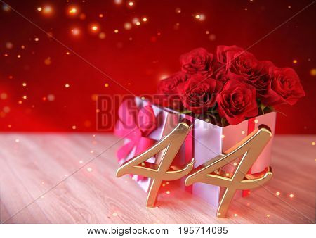 birthday concept with red roses in the gift on wooden desk. 3D render - forty-fourth birthday. 44th