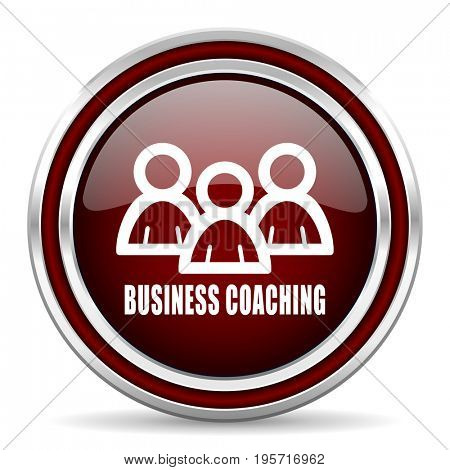 Business coaching red glossy icon. Chrome border round web button. Silver metallic pushbutton.