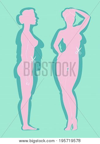 Vector Illustration Of Young Woman Before And After Plastic Surgery