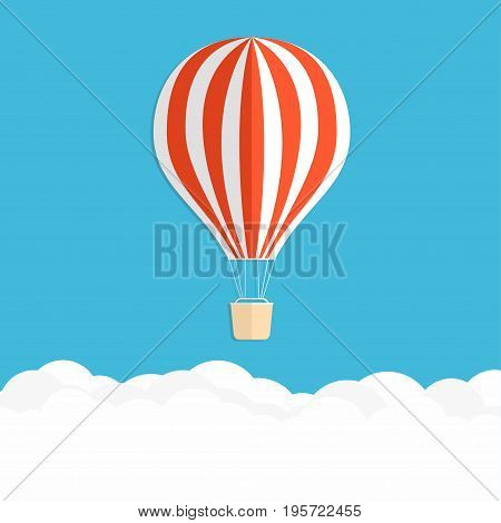 Hot Air Balloon In The Sky. Red Striped Air Balloon Above Clouds