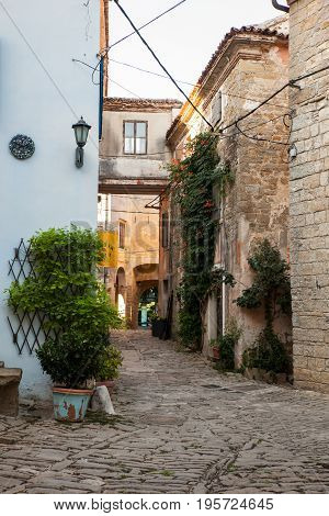 View of typical Groznjan alley Istria. Croatia
