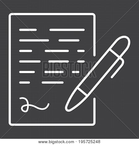 Pen signing line icon, business contract and signature, vector graphics, a linear pattern on a black background, eps 10.
