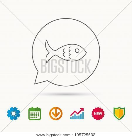Fish icon. Seafood sign. Vegetarian food symbol. Calendar, Graph chart and Cogwheel signs. Download and Shield web icons. Vector