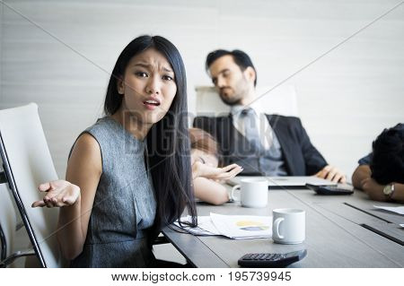 Asian Woman Feeling Unhappy With Team Team Connot Work With Her Business Overtime Concept 20-30 Year
