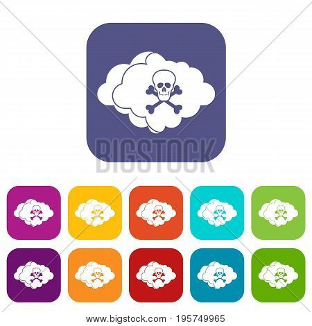 Cloud with skull and bones icons set vector illustration in flat style In colors red, blue, green and other