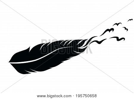 Black and white monochrome feather and birds for tattoo. Graphic minimalistic art.