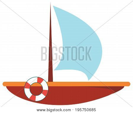 Isolated flat vector. Wooden boat with livebuoy - icon. Cartoon touristic ship in blue color. Illustration for design and decoration.