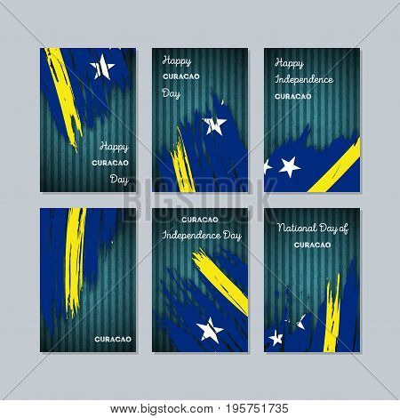 Curacao Patriotic Cards For National Day. Expressive Brush Stroke In National Flag Colors On Dark St