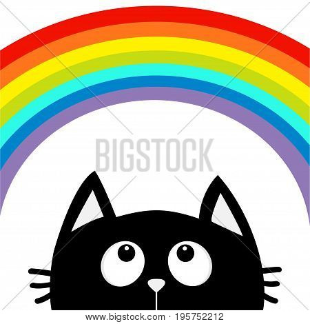 Black cat looking up to big rainbow. Cute cartoon character. Valentines Day. Kawaii animal. Love Greeting card. LGBT flag color sign symbol. Flat design. White background Isolated. Vector illustration
