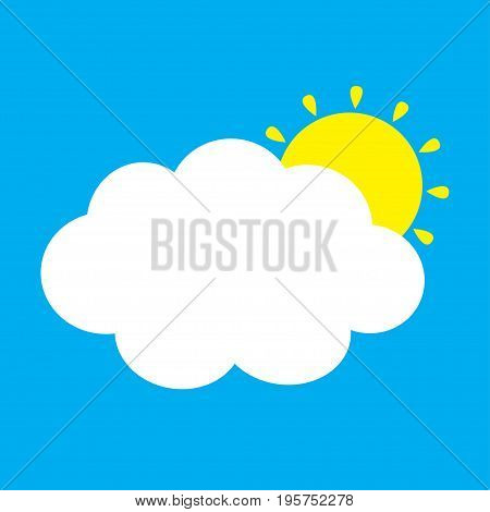 White cloud and yellow sun set. Fluffy clouds. Cute cartoon cloudscape. Cloudy weather sign symbols. Flat design Decoration element. Blues sky background. Isolated. Vector illustration
