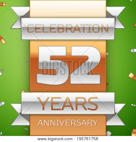 Realistic Fifty two Years Anniversary Celebration Design. Silver and golden ribbon, confetti on green background. Colorful Vector template elements for your birthday party. Anniversary ribbon