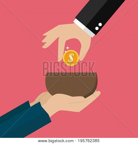 Hand giving money to beggar hand. Vector illustration