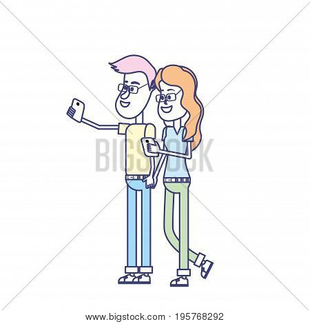 beauty couple with hairstyle and smartphone in the hand vector illustration