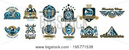 Set of logos on the mountain bike and downhill. Helmet, sunglasses, camera, eagle, fly, wings, parts, rider, landscape, crown, repair spare parts maintenance service business Vector illustration