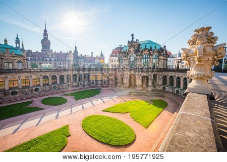 Nice image of the Der Zwinger museum complex built in Baroque style. Historical scene. Popular tourist attraction. Location place German city of Dresden, famous Saxony land, Europe. Beauty world. 