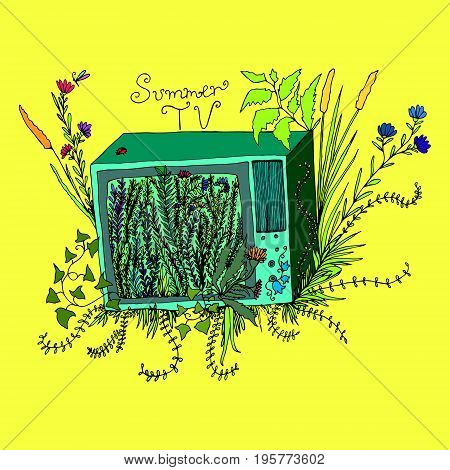 Funny art illustration cartoon televisor with grassflowersfoliageisolated yellow background.Vector hand drawncolored page for adults and children.Booktextile print poster design stickercard