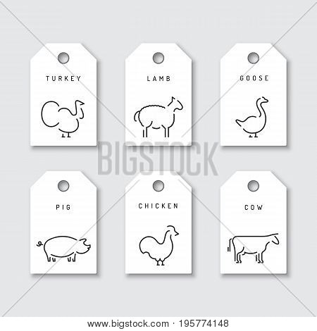 Vector tag with the image of farm animals making farm products for sale in the store