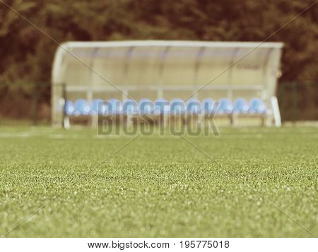 New Blue Plastic Seats On Outdoor Stadium Players Bench, Chairs Under Transparent Plastic Roof