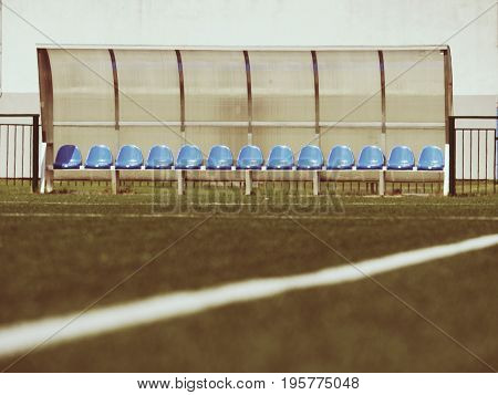 New Blue Plastic Seats On Outdoor Stadium Players Bench, Chairs Under Transparent Plastic Roof