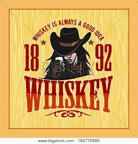Vintage Whiskey Label with Girl - T-shirt Graphic. Vector stock illustration on light background