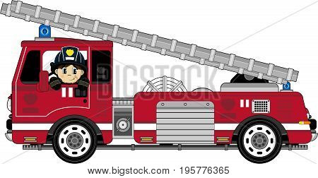Cute Cartoon Fireman Firefighter and Fire Truck