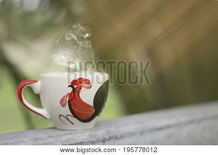 White cup morning coffee in garden and sunrise