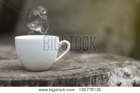 White cup morning coffee in garden and sunrise