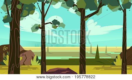 Cute cartoon seamless landscape with separated layers, summer day illustration, fits on mobile devices and may be scaled for desktop size. 1920x1080.