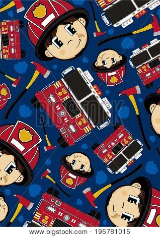 Cute Cartoon Firefighter and Fire Truck Patten