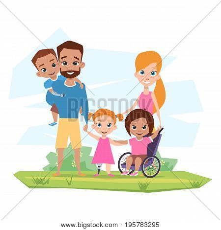 Happy family with children with disabilities embrace in nature