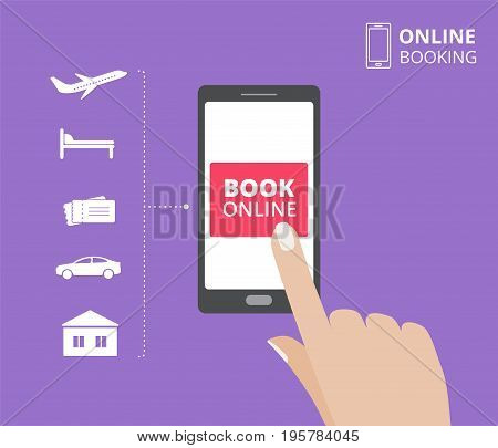 Smartphone with hand touching book button on screen. Online booking design concept for mobile phone. Hotel, flight, car, tickets.