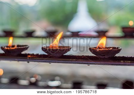 Coconut oil lamps for sacred fire in Buddha Tooth Relic Temple in Kandy, Sri Lanka