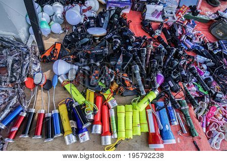 Keningau,Sabah,Malaysia-June 29,2017:Variety of electronic gadget in the local market Tamu in Keningau,Sabah.In Tamu there are many cheaper Chinese electronic gadget for sale.