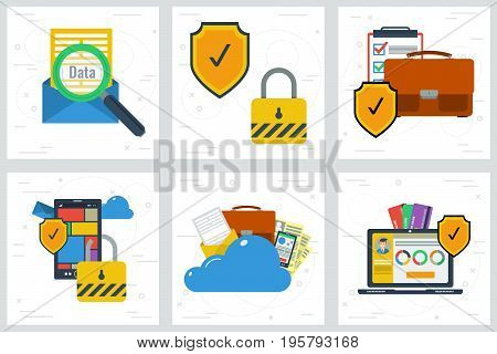 Vector illustration. Six square flat web banners. Concept of data protection and encryption. Shield and lock on personal information