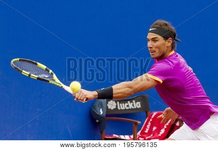 BARCELONA, SPAIN - APRIL, 27:  Spanish tennis player Rafael Nadal in action during a match of Barcelona tennis tournament Conde de Godo on April 27, 2017 in Barcelona Spain
