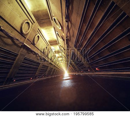 empty concrete subway fallout shelter sci-fi tunnel corridor hallway 3d render illustration