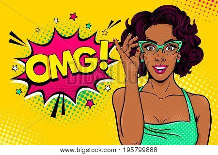 Wow female face. Sexy surprised black young woman in glasses with open mouth and curly hair and OMG speech bubble. Vector bright background in pop art retro comic style. Party invitation