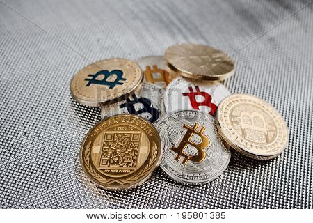 Bitcoins On Silver Background