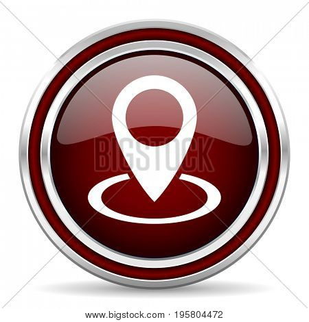 Pointer red glossy icon. Chrome border round web button. Silver metallic pushbutton.